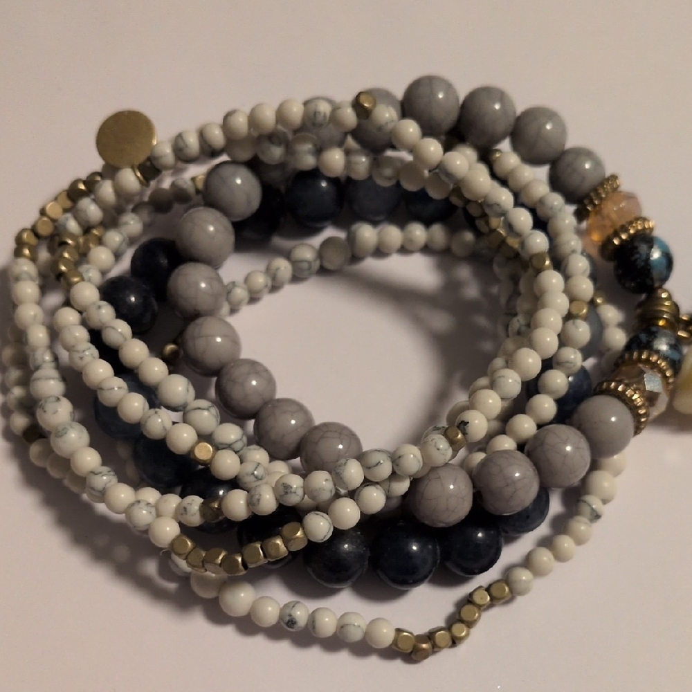 Elegant Multi-Color Beaded Gray‎ Blue And Cream Bracelet Set - Picture 2 of 4